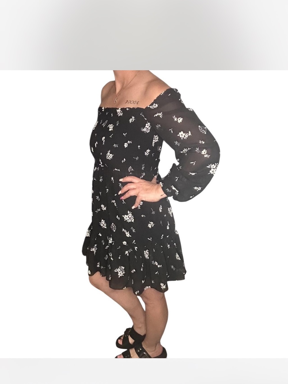 Off-Shoulder Black Floral Ruffle Mini Dress
